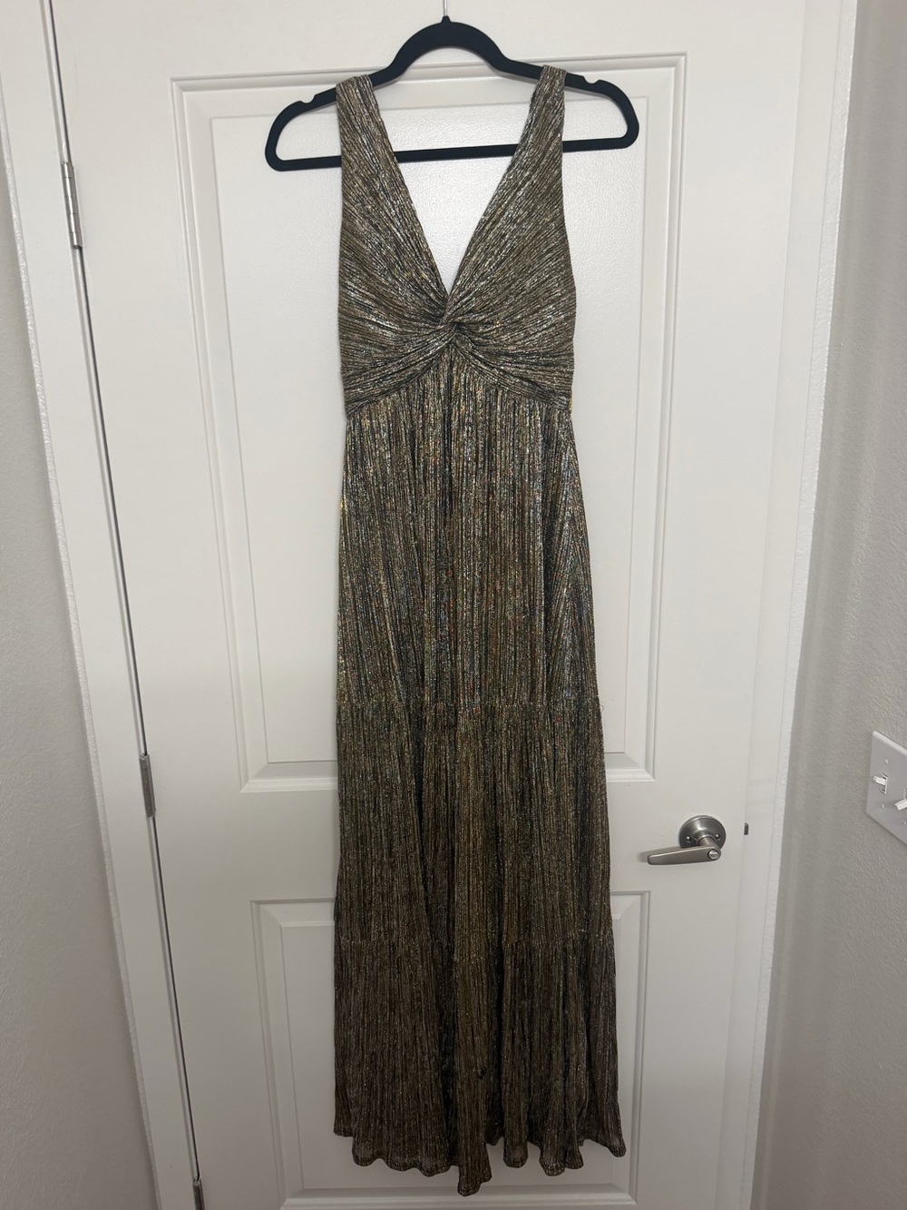 Gold Metallic Twist-Front V-Neck Maxi Dress